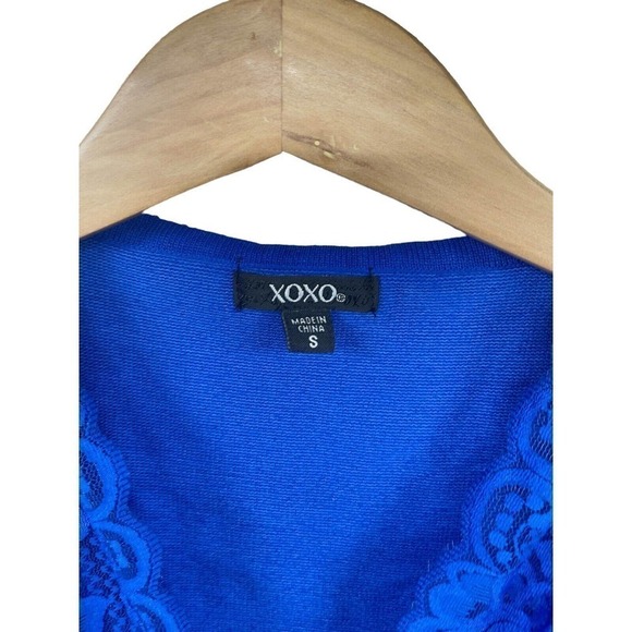 XOXO Y2K Juniors S Cobalt Blue Sleeveless Textured Lace Cutout Bandage Dress - Picture 3 of 6